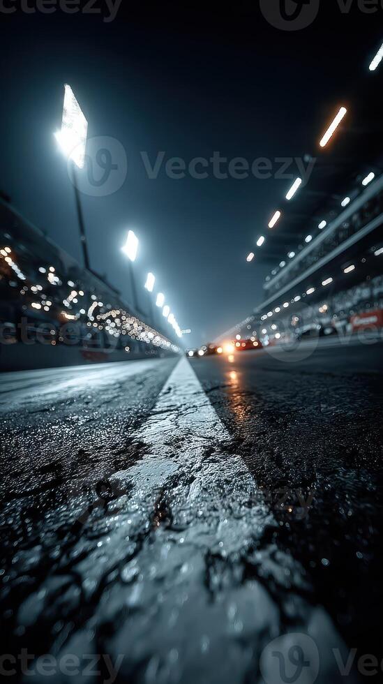 Nighttime racing atmosphere captured on the track with illuminated surroundings and cars in motion photo