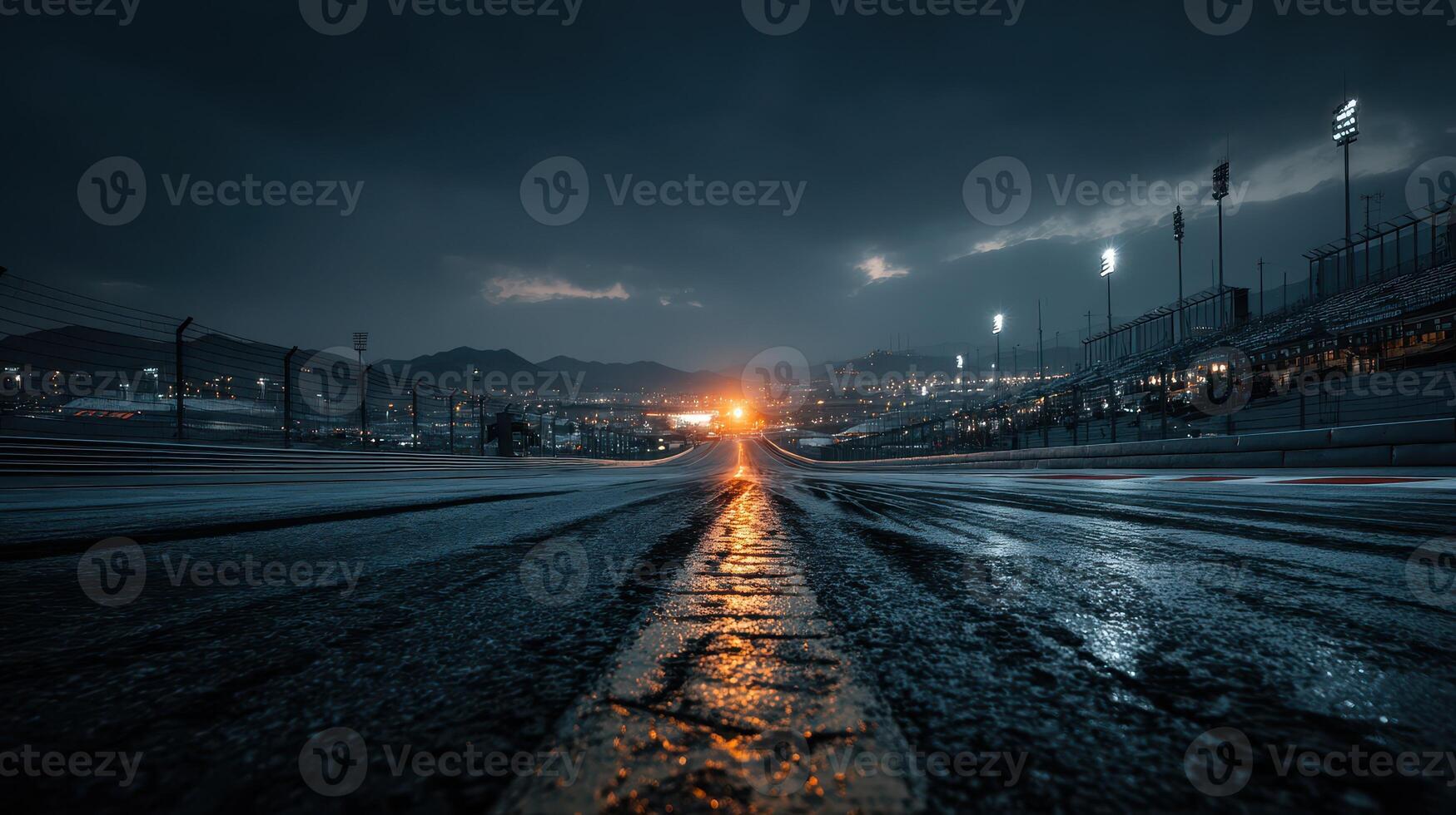 Evening rain on a racing track creates a reflective surface and sets a dramatic mood during a motorsport event at dusk photo