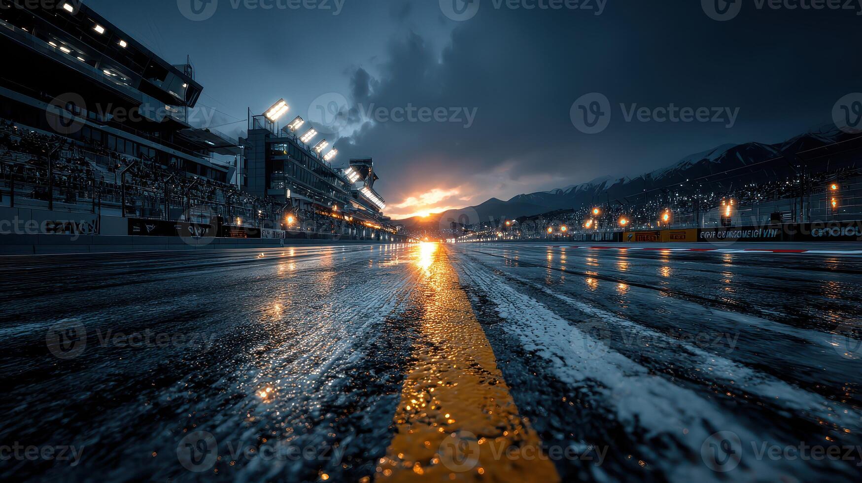 Evening raceway under dramatic clouds with illuminated track and distant mountains at sunset photo