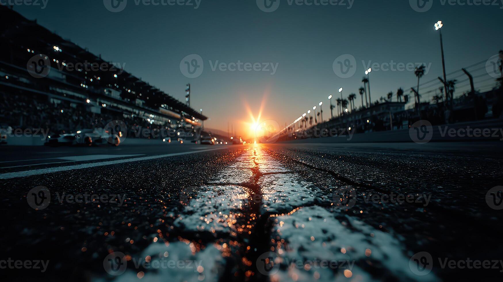 Sun sets behind a racetrack as cars prepare for an exciting race night at the speedway during a vibrant evening photo