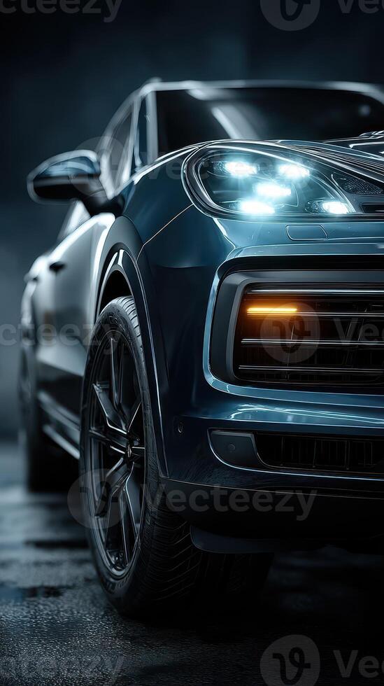 Luxurious blue SUV under dramatic lighting showcasing sleek design and powerful presence in urban setting at night photo