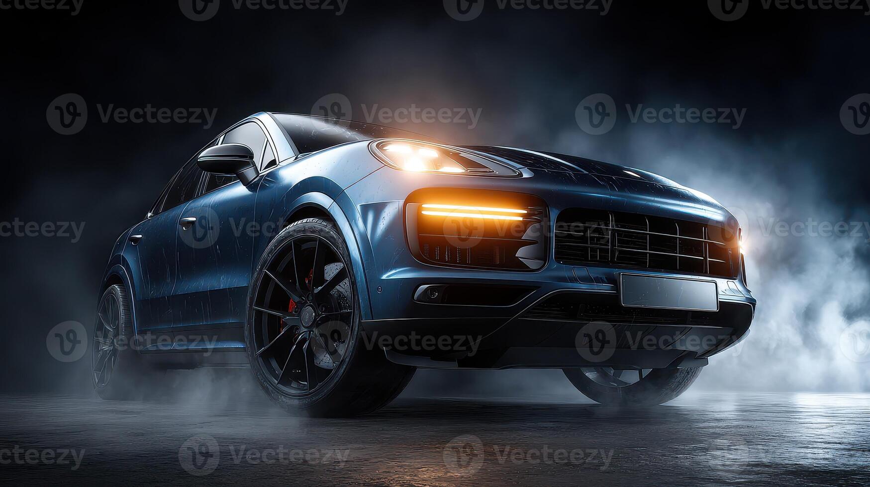 Sleek blue luxury SUV driving through smoke in a dramatic setting at night photo