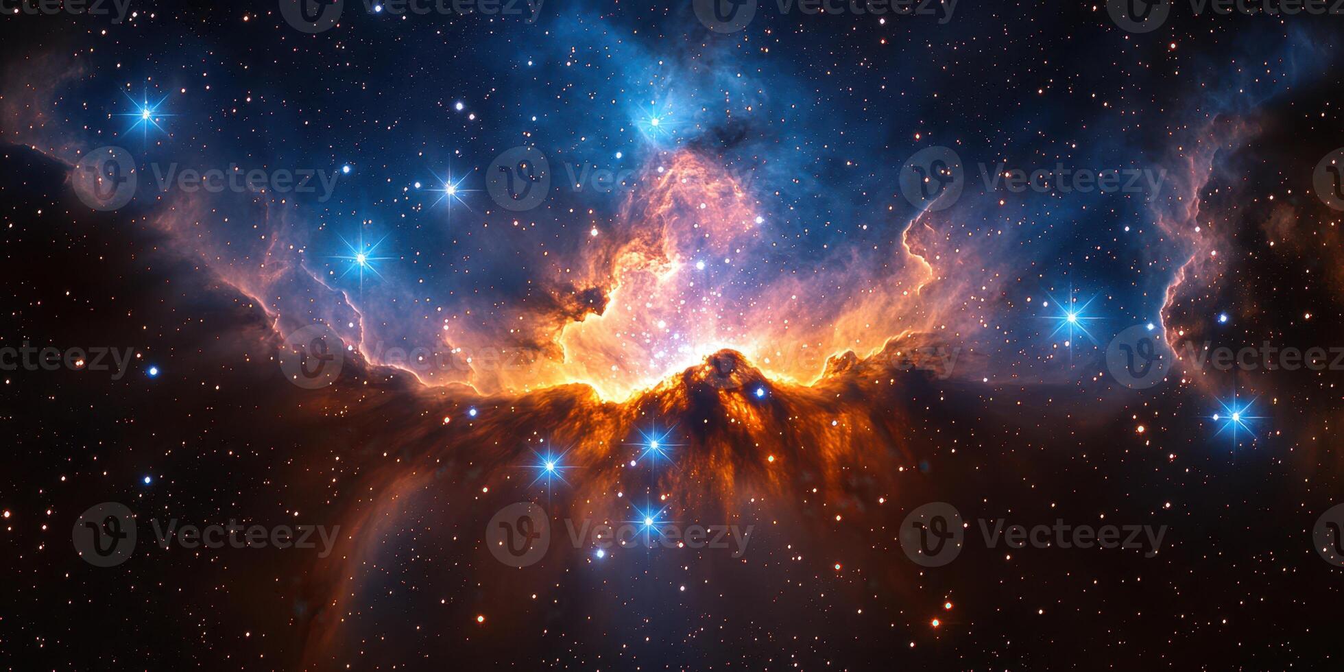 Stunning cosmic nebula radiates colors and light from distant stars in the night sky photo