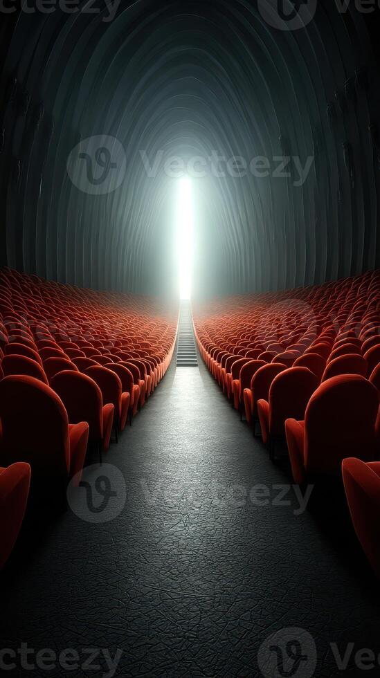 Interior of a spacious auditorium with red chairs leading to a bright light at the end of a long path photo