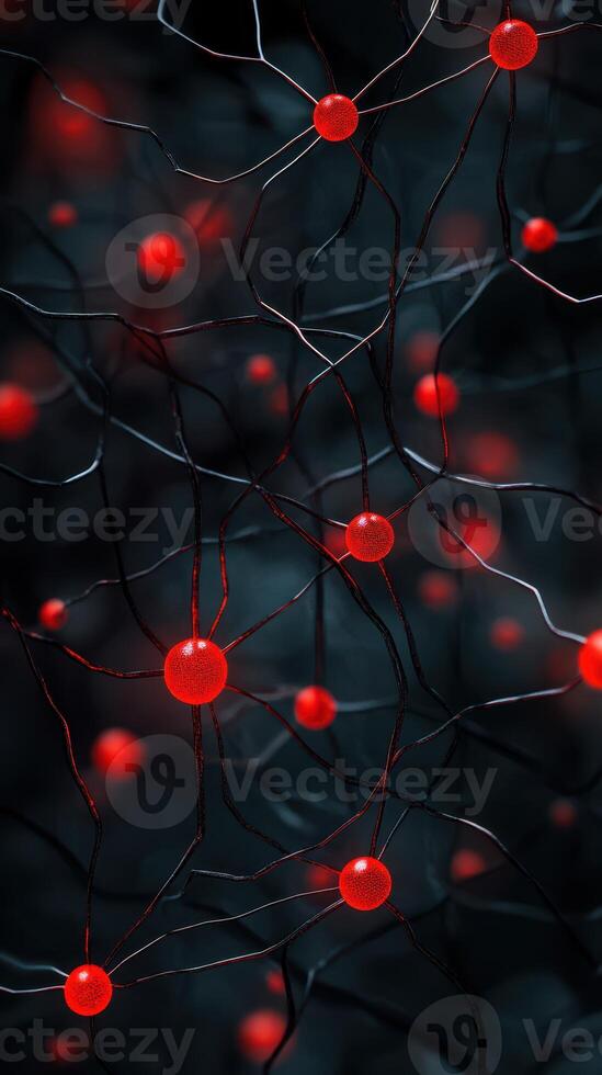 Bright red spheres connected by dark strands create an abstract representation of network connections in a modern digital environment photo