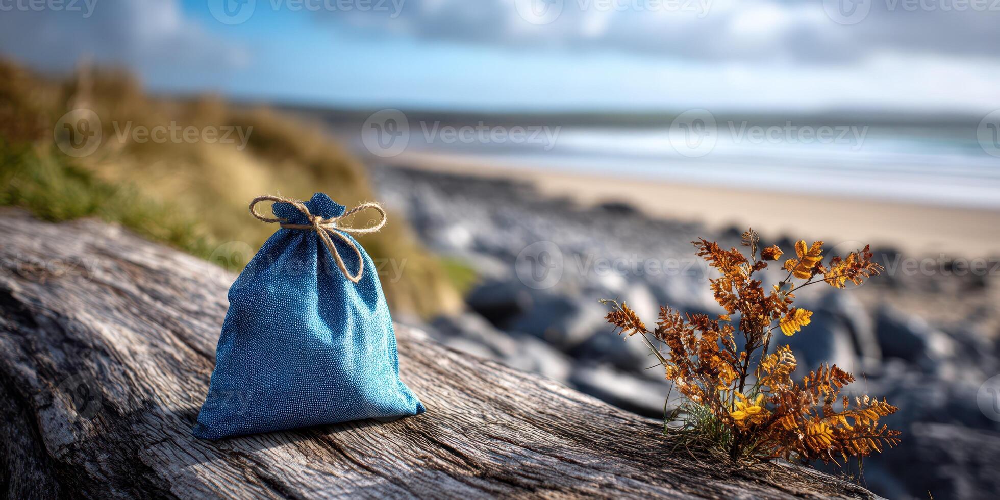 Natural setting features a blue fabric bag resting on a log near the shore with seaside rocks and autumn plants in the background photo