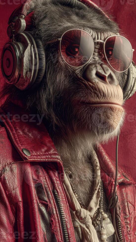 Cool monkey wearing sunglasses and headphones, dressed in a leather jacket, stands against a red background photo