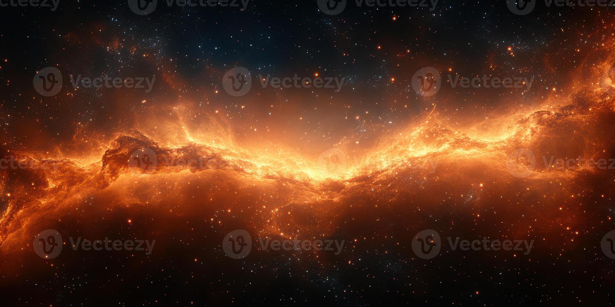 Vibrant cosmic nebula showcasing orange and gold hues in star-filled galaxy with intricate patterns of gas and dust photo