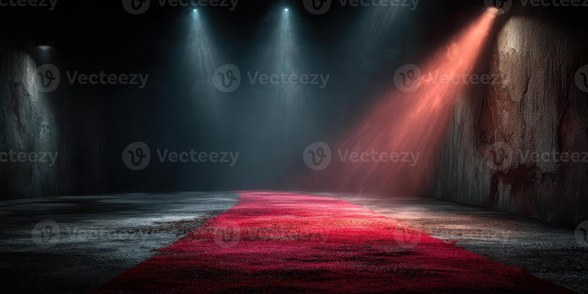 Dramatic lighting creates an atmosphere in a dark space featuring a red carpet and spotlight effects photo