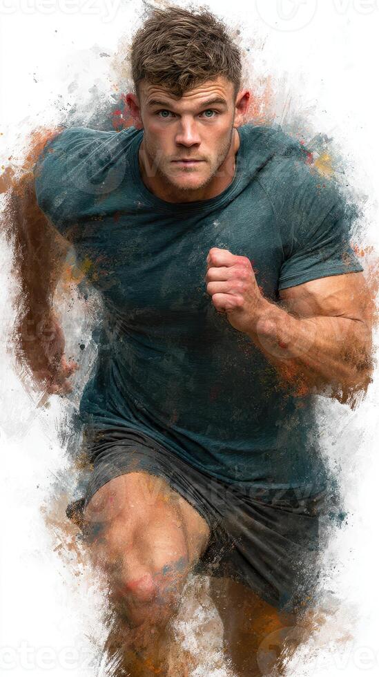 Dynamic athlete sprinting forward in an energetic running pose with an artistic background photo