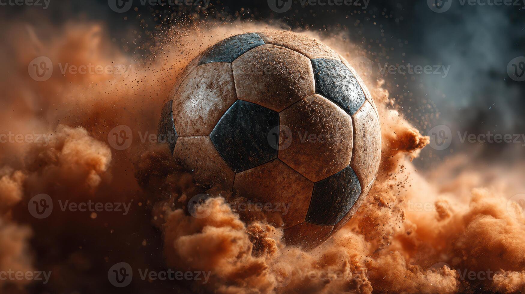Soccer ball bursts through clouds of dust during intense play on a field in late afternoon light photo