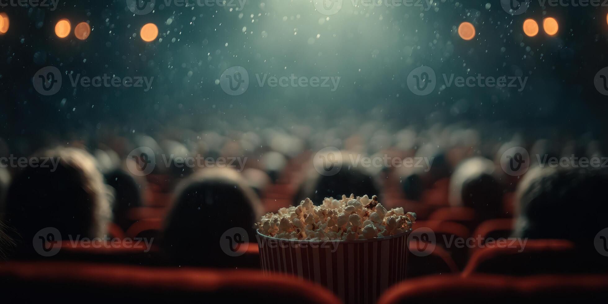 Crowd enjoys cinematic experience with popcorn at a movie theater during an evening screening photo