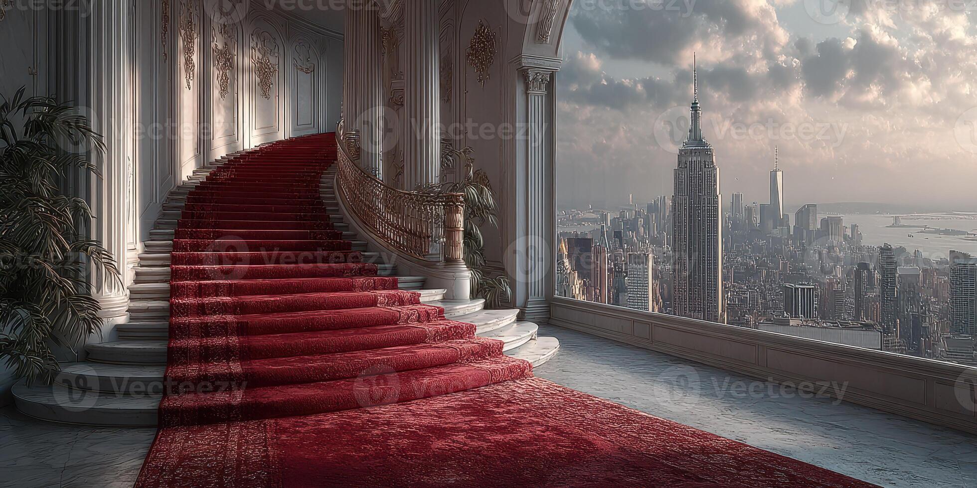 Stunning staircase with red carpet overlooking the New York City skyline during twilight photo