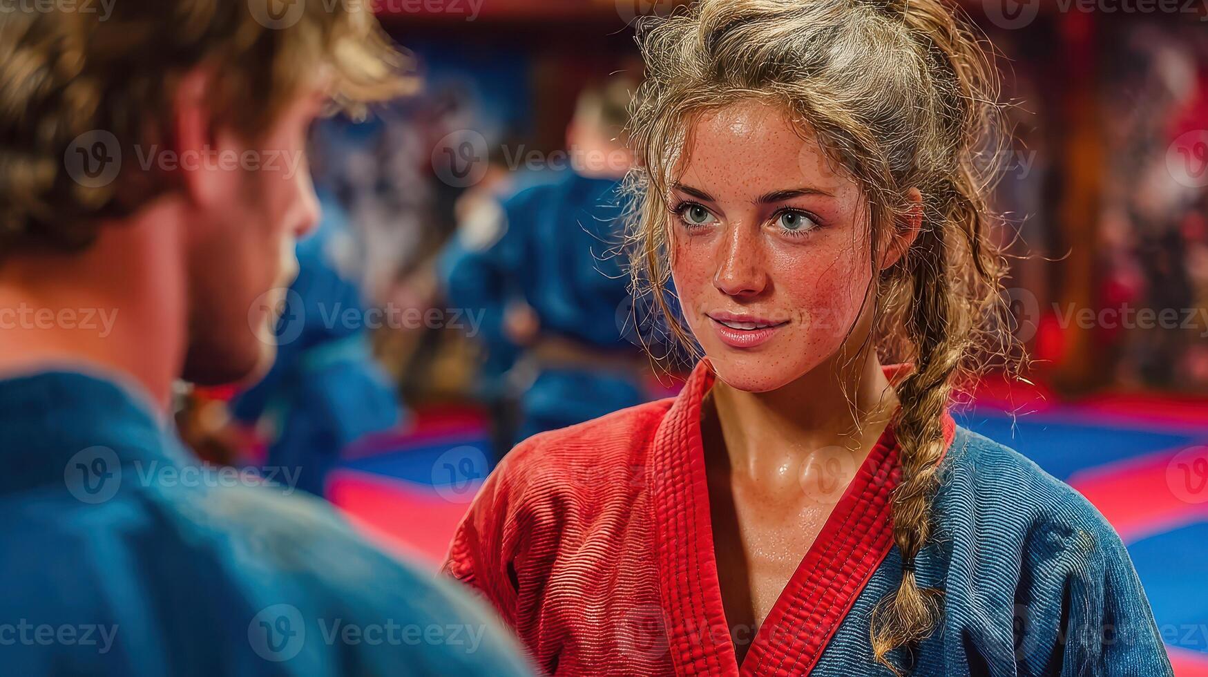 Intense training session between two martial arts practitioners in a dojo setting during vibrant sparring practice photo
