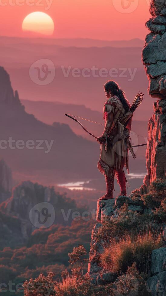Warrior observes sunset from cliff edge in vast wilderness landscape photo