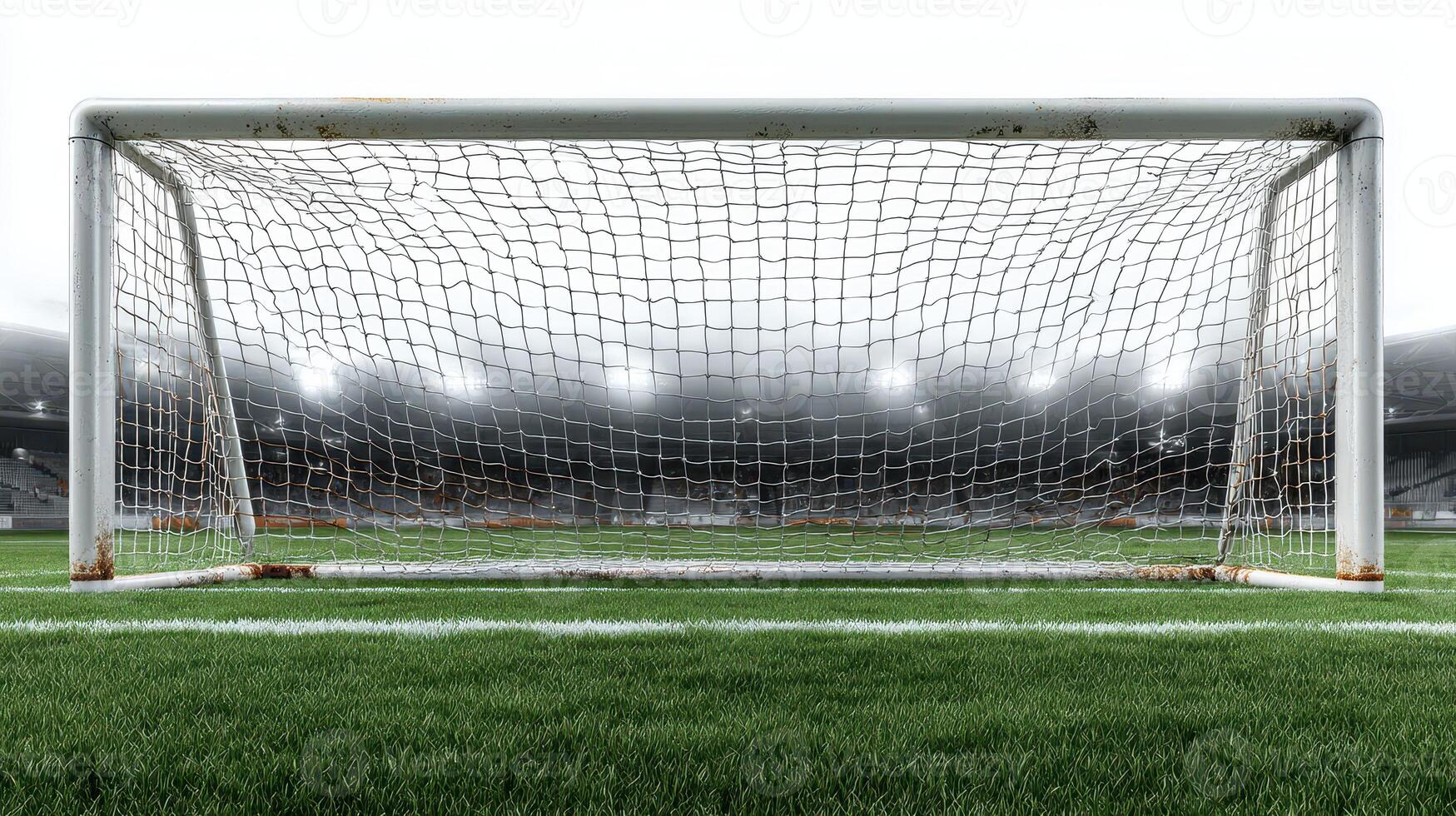 Soccer goal post in an empty stadium showcasing an exciting match atmosphere at dusk photo
