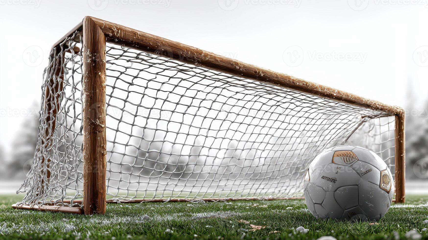 Soccer goal and ball resting on grass in a winter landscape during a chilly afternoon photo
