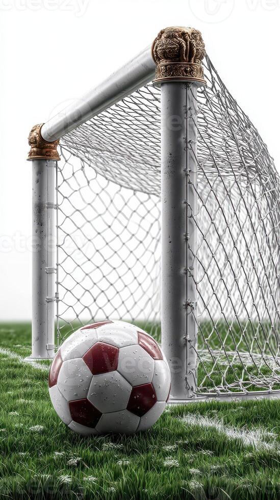 Soccer ball in front of a goalpost on a field with lush green grass during a bright day photo