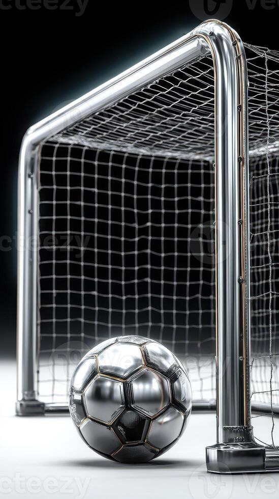Soccer ball near goalpost ready for an exciting match during a vibrant evening game photo