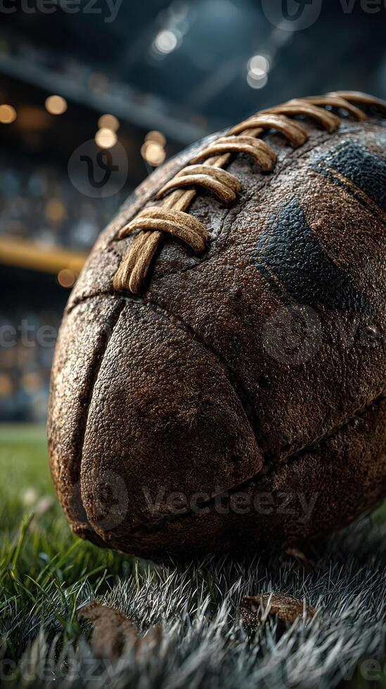 Close-up of a weathered football on the field during a game, showcasing the intricate details of the leather surface photo