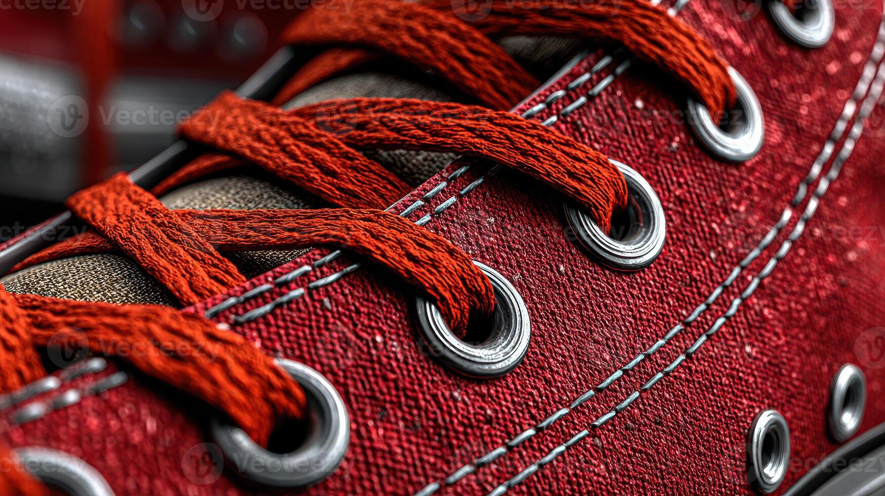 Close-up view of a red sneaker with detailed laces and eyelets highlighting craftsmanship and style photo