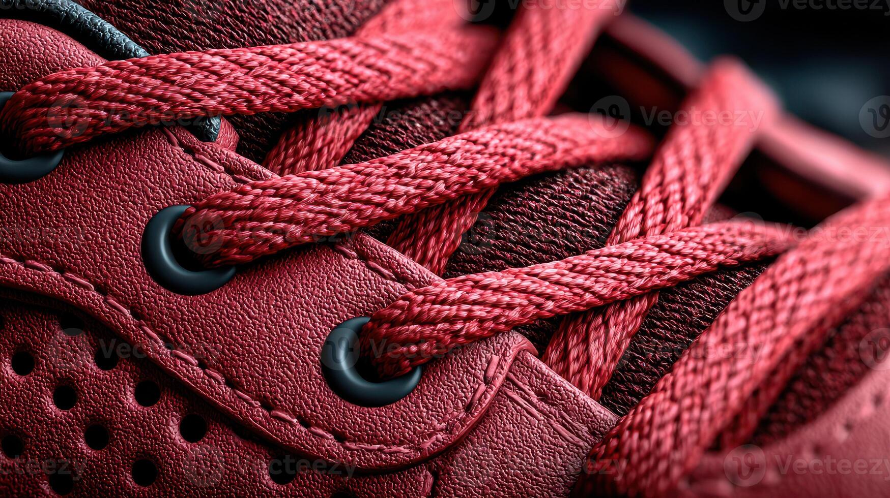 Close-up of red sneaker showcasing intricate lacing and textured materials at a stylish urban venue photo