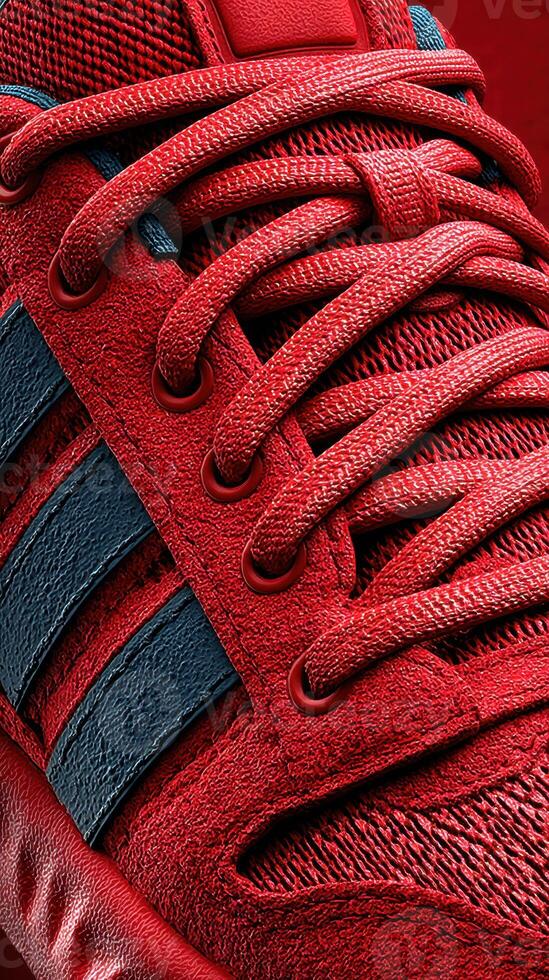 Vibrant red athletic shoe displayed against a contrasting background showcasing its unique features and design elements photo
