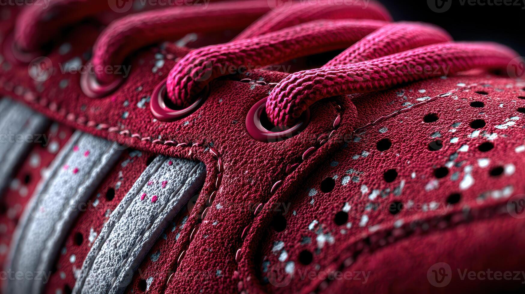 Close-up of detailed red suede sneaker showcasing unique design elements and textures in a studio setting photo