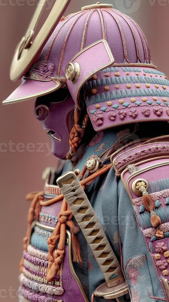 Unique samurai armor displayed in intricate detail with vibrant colors and elaborate designs during a cultural exhibition photo