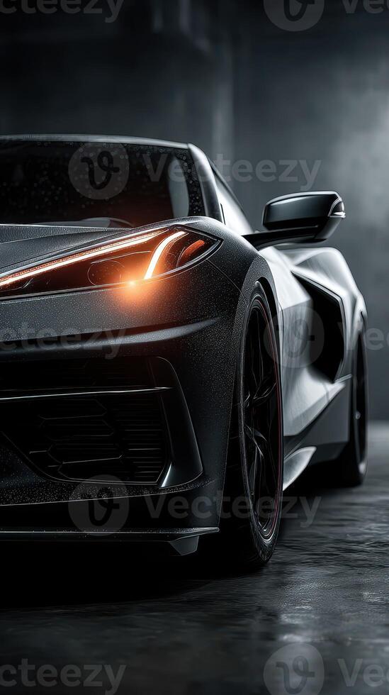 Sleek black sports car parked in a dimly lit garage showcasing modern design and unique features photo