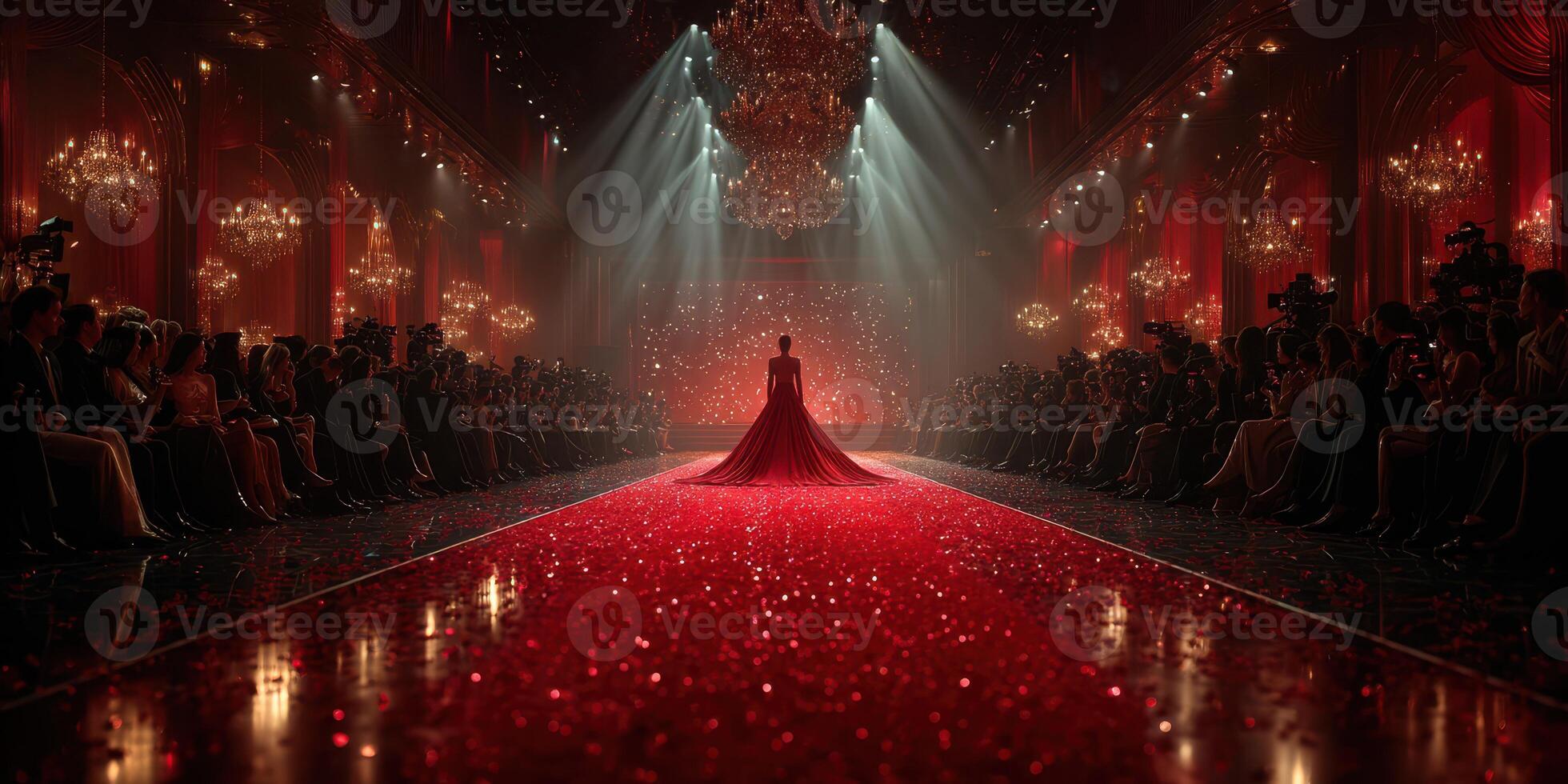 Elegant fashion runway show with dramatic lighting and a red theme featuring a model in a stunning gown photo