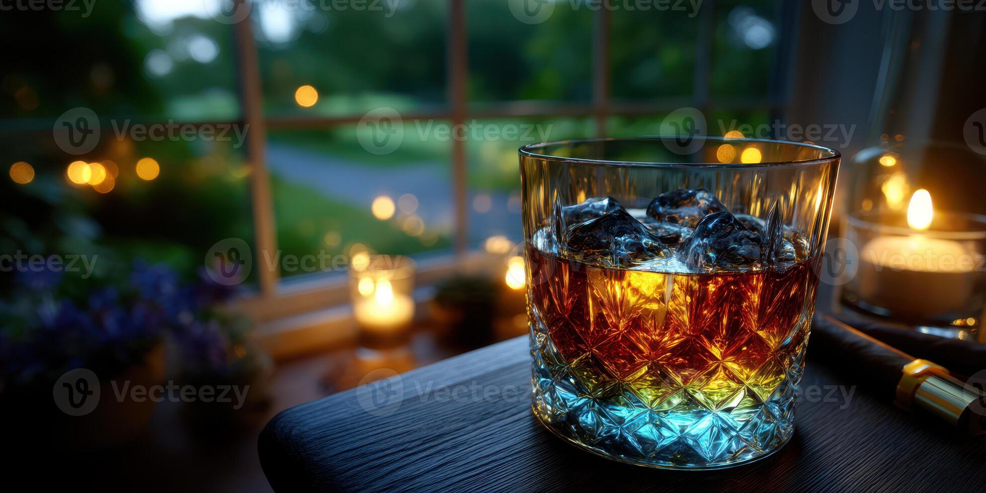 Warm evening drink by the window showcasing a glass of whiskey with ice and soft candlelight ambiance photo