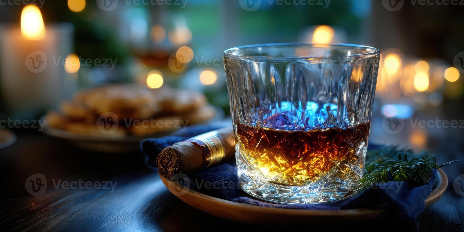 Enjoying a fine whiskey with a cigar in a cozy, candlelit setting on a relaxed evening photo