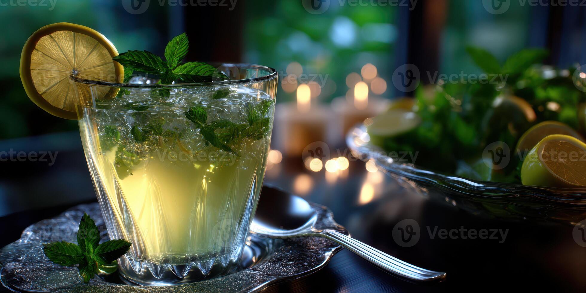 Refreshing mint lemonade served in a clear glass with mint leaves and lemon during a cozy evening gathering photo