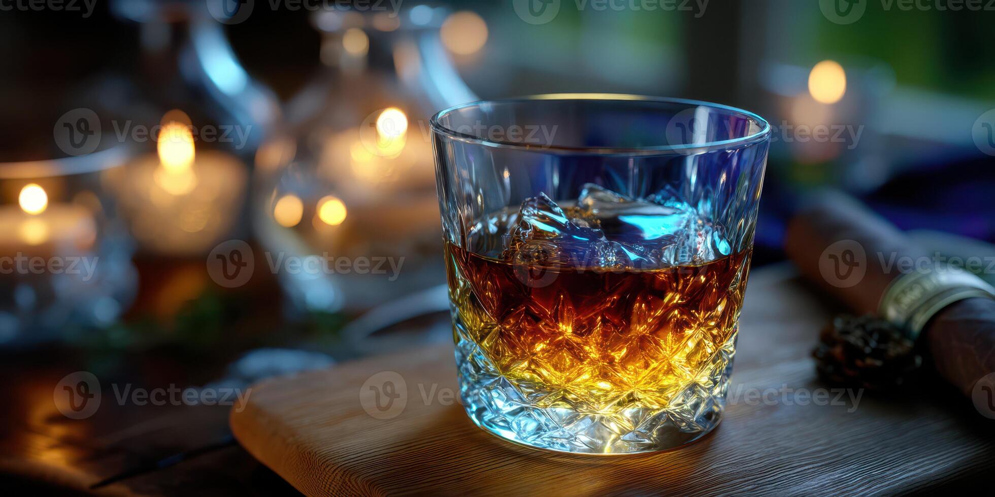 Warm ambiance created by whiskey and cigar on a wooden surface in a cozy room during evening hours photo