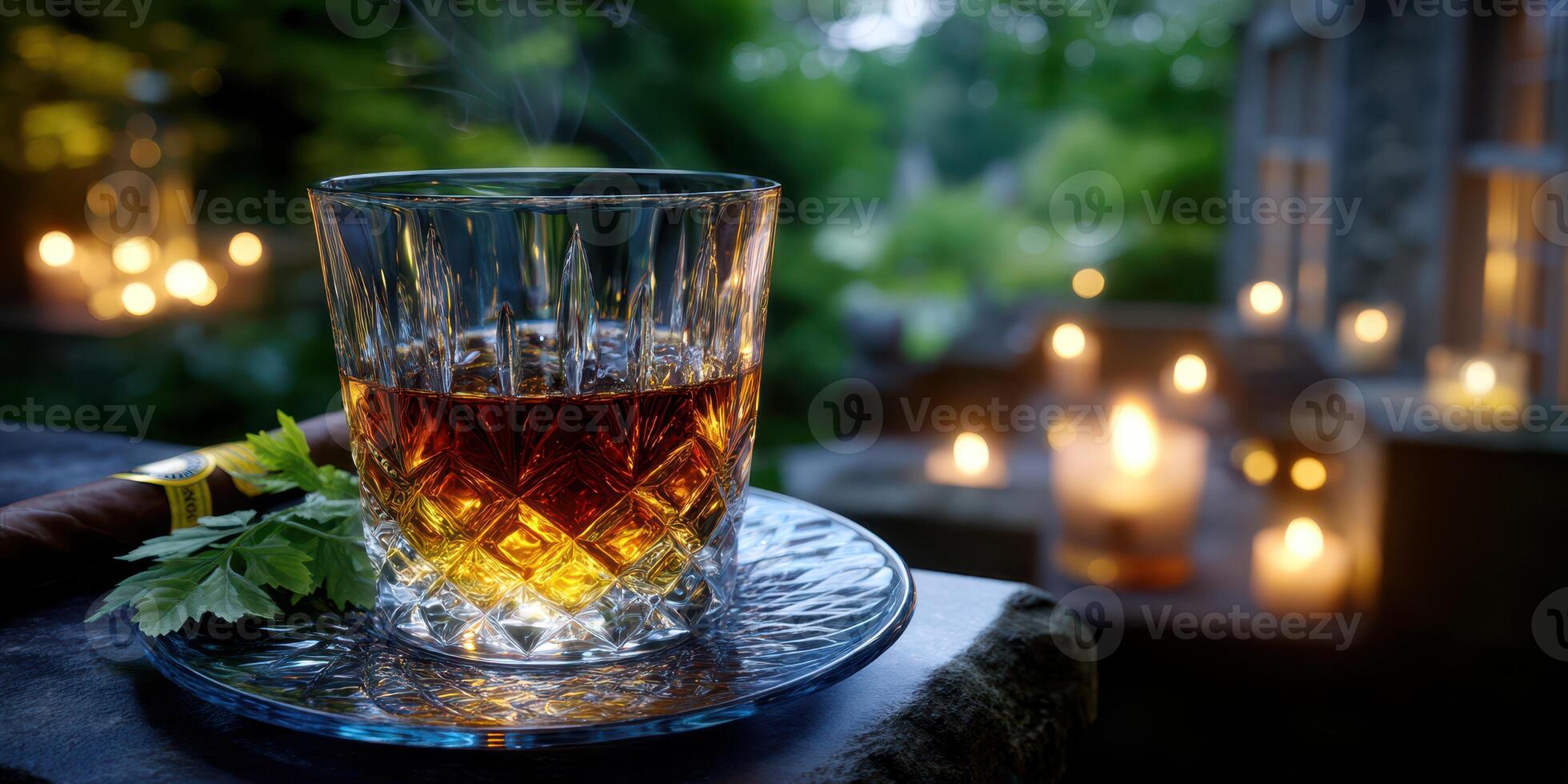 Enjoying a whiskey neath the soft glow of candlelight in a serene outdoor setting at twilight photo