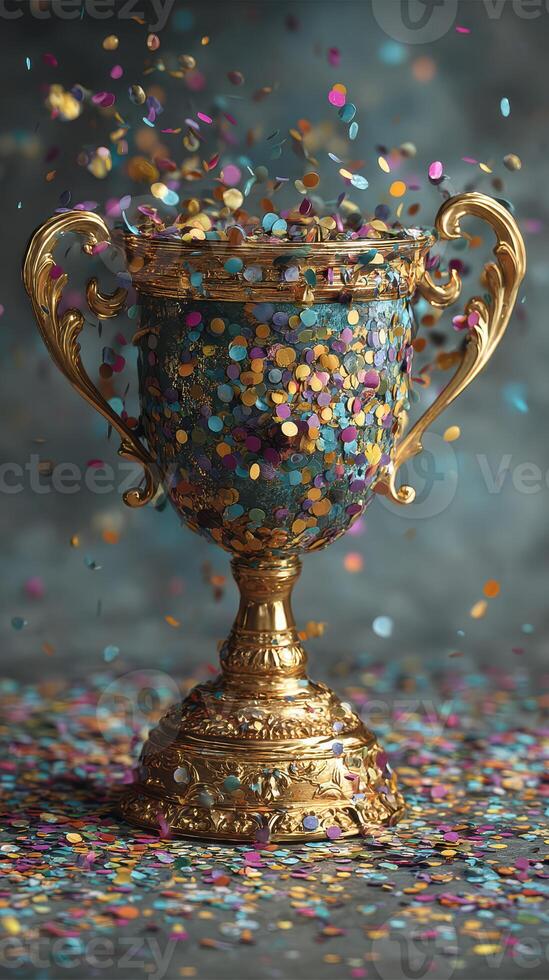 Celebration trophy surrounded by vibrant confetti in a festive atmosphere photo