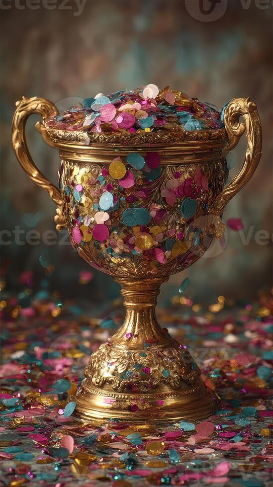 Golden trophy filled with colorful confetti surrounded by glitter on a textured background photo