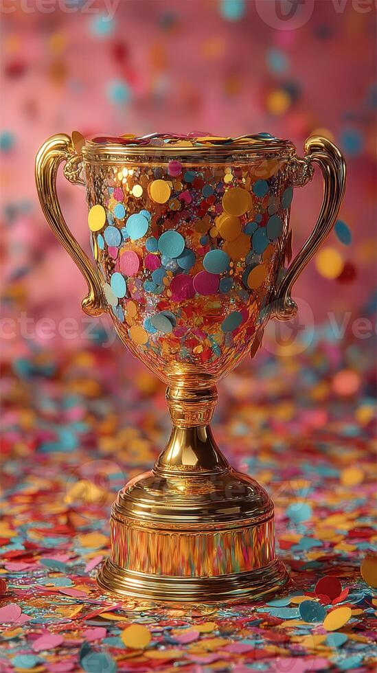 Colorful trophy surrounded by vibrant confetti at a celebration event showcasing achievement and joy photo