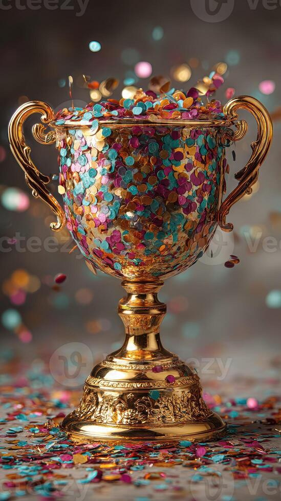 Colorful confetti-filled trophy shines amid scattered decorations on a festive backdrop photo