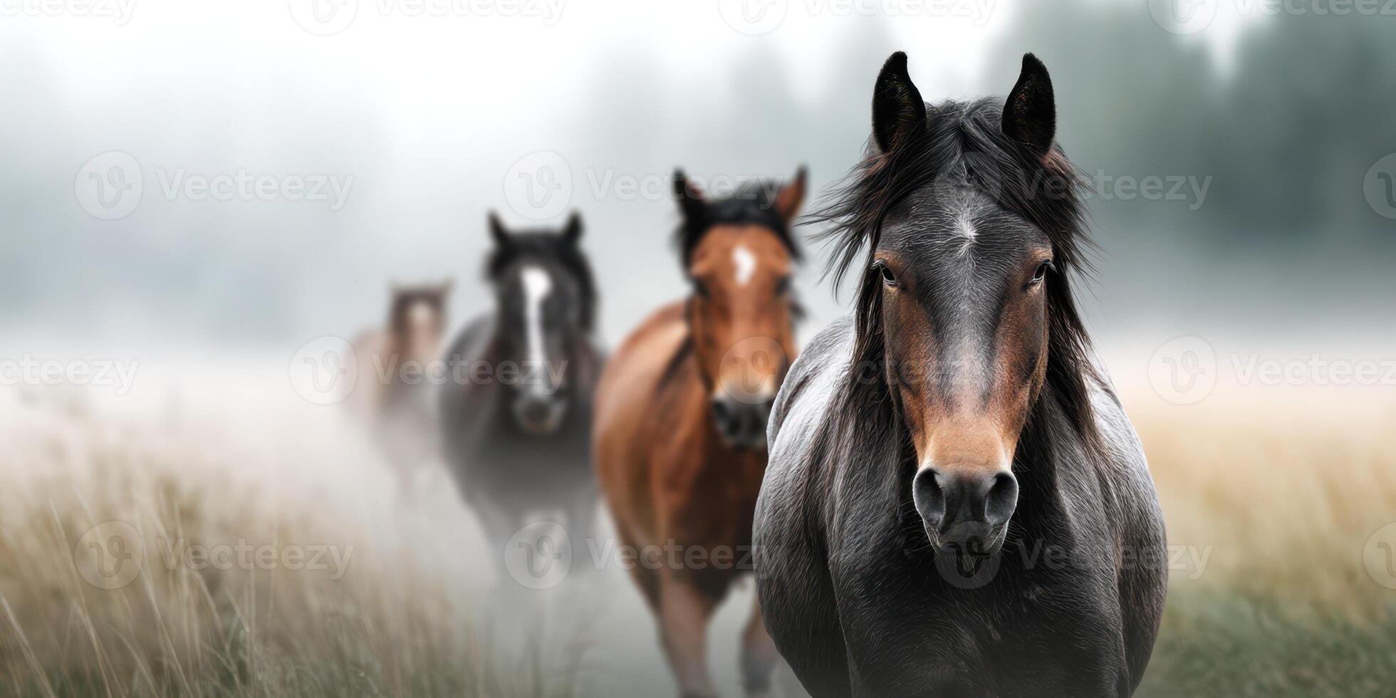 Horses running through misty field at dawn, showcasing their strength and beauty in a serene natural setting photo