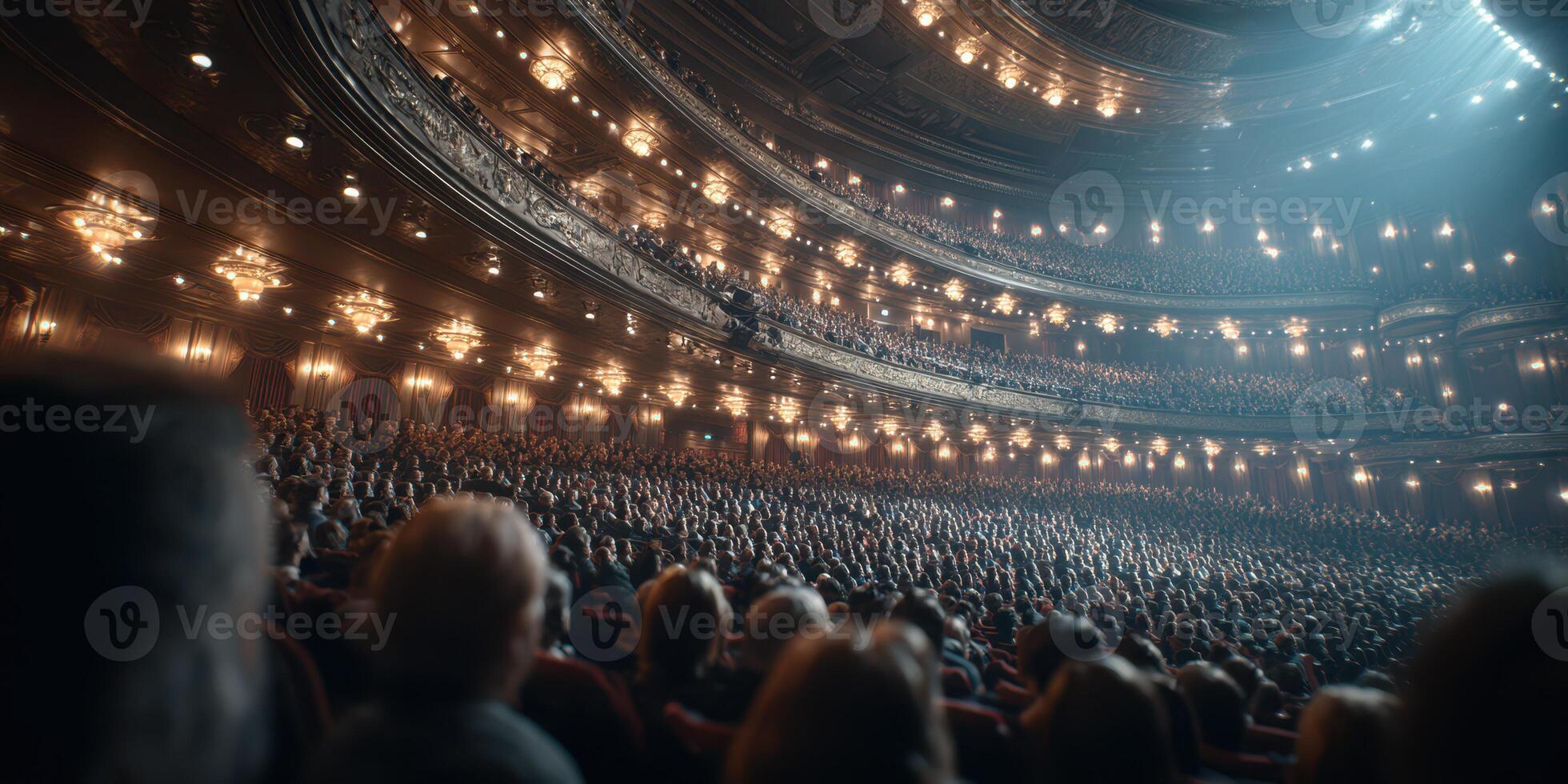Large audience attends live performance in historic theater during evening hours with dramatic lighting photo