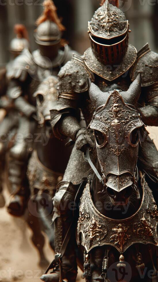 Knights in ornate armor riding majestic horses during a medieval festival in an ancient city square at dusk photo