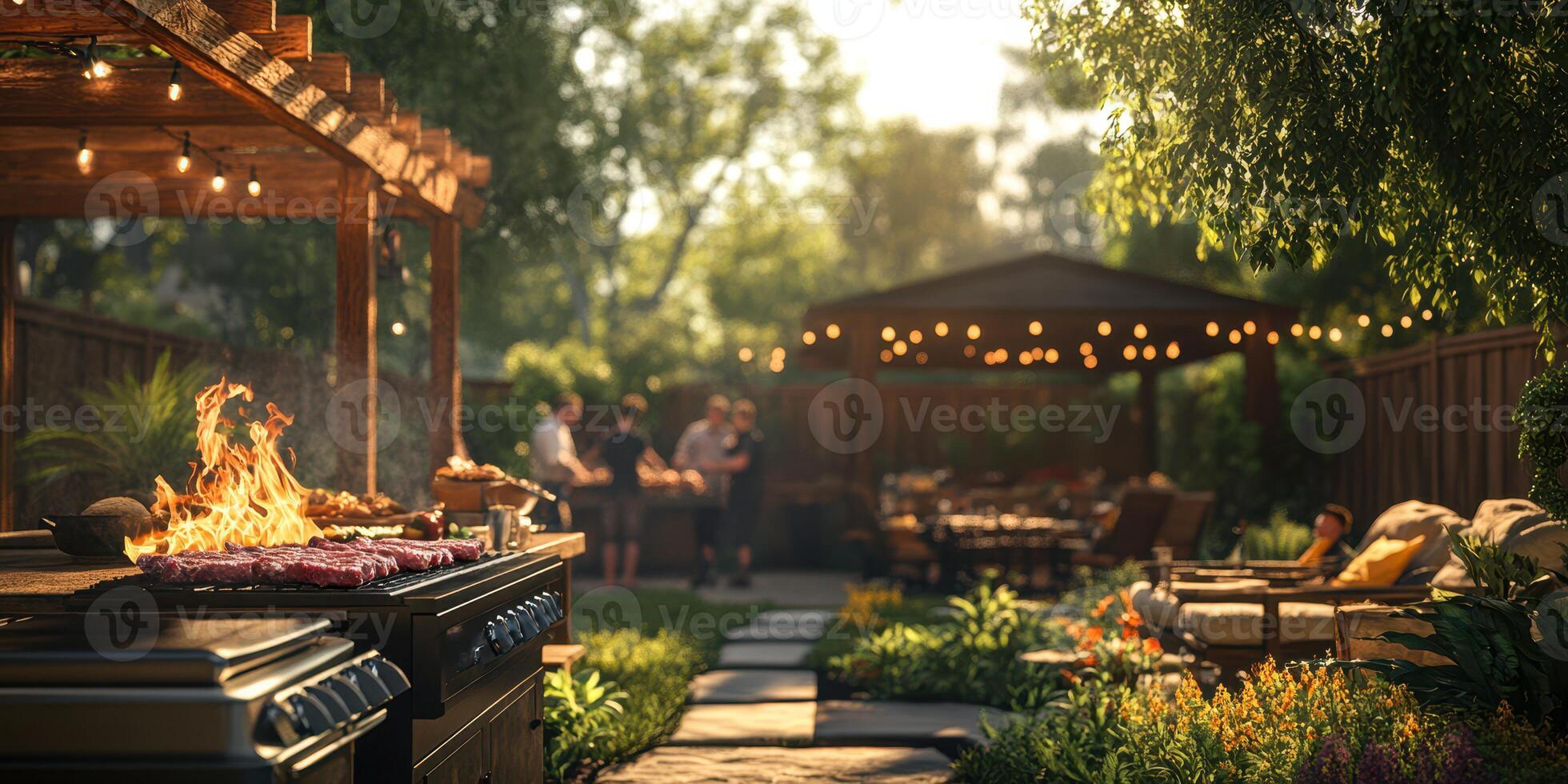 Backyard barbecue gathering in a lush garden with family and friends during a sunny afternoon photo