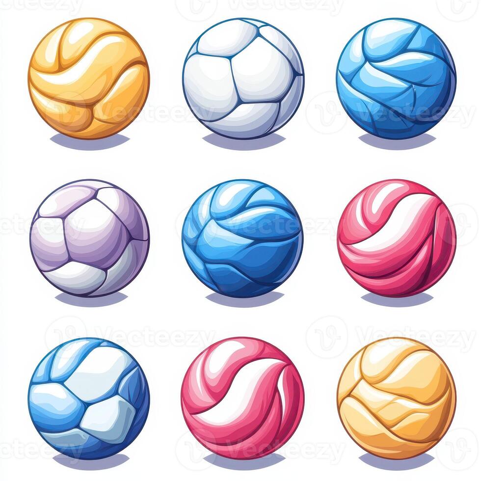 Group of colorful sports balls with varying designs arranged in a neat nine-square grid photo