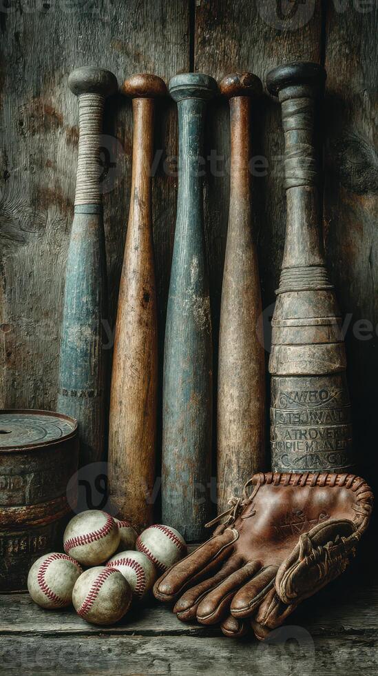 Vintage baseball equipment displayed on rustic wooden background showcasing bats, balls, and a glove photo