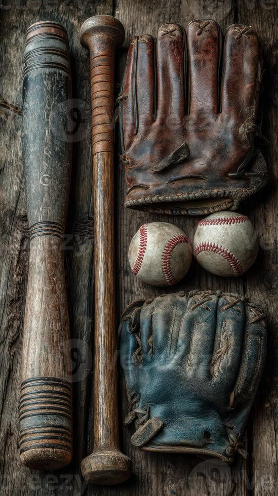 Vintage baseball equipment arranged on a wooden surface showing bats and gloves ready for play photo