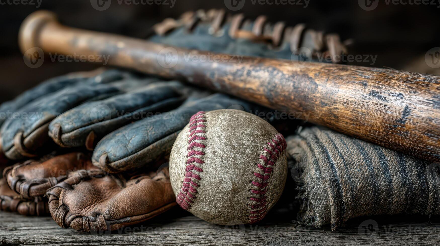Vintage baseball equipment arranged on a rustic wooden surface with a bat, gloves, and a worn-out ball photo