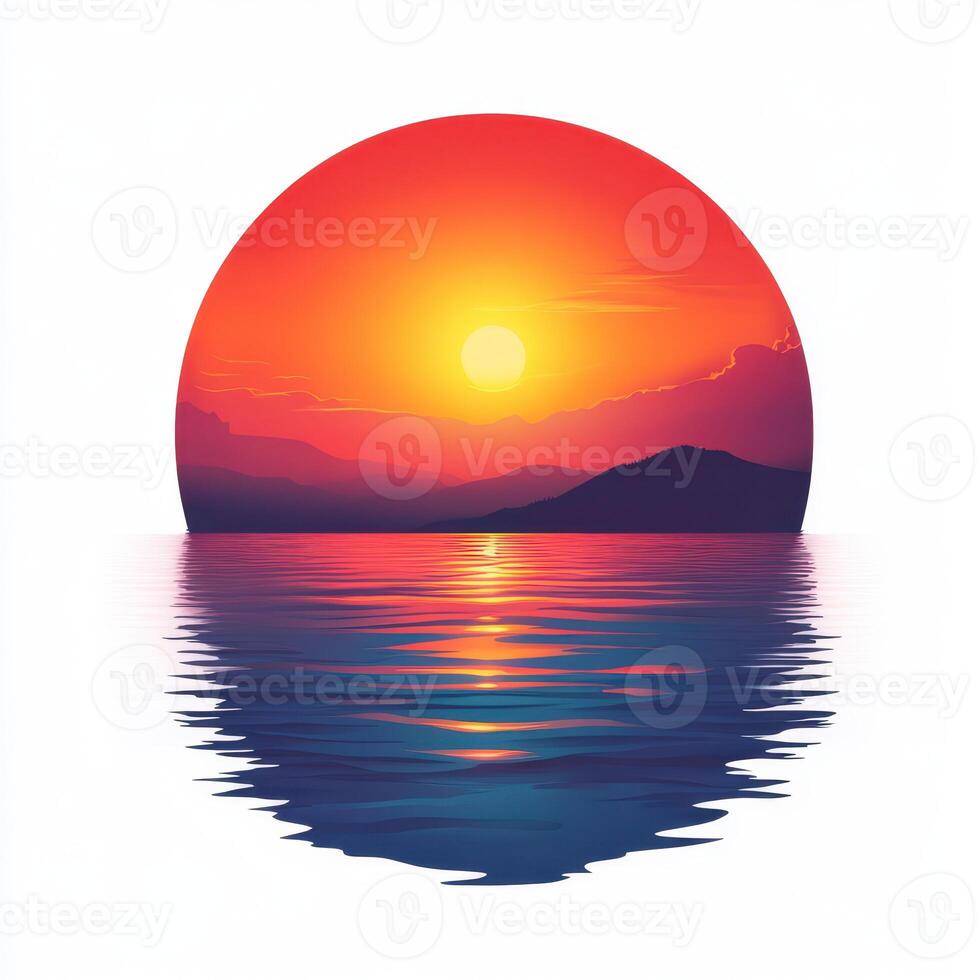 Vibrant sunset over tranquil water reflecting colorful sky and mountains in the distance photo