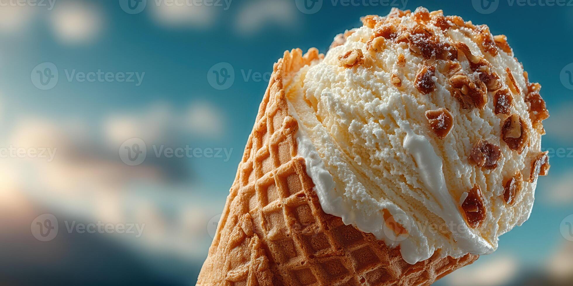 Delicious ice cream cone with nuts enjoyed outdoors during a sunny afternoon photo